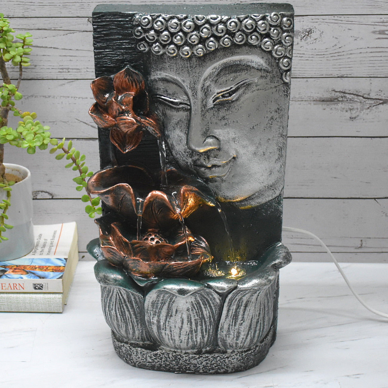 Buddha Face with Lotus Wall and Table Water Fountain : 37 CM, Silver
