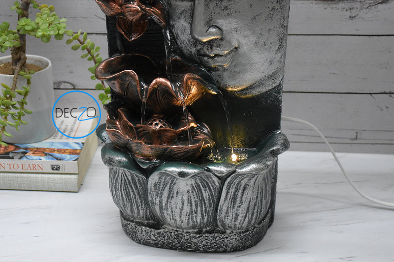Buddha Face with Lotus Wall and Table Water Fountain : 37 CM, Silver