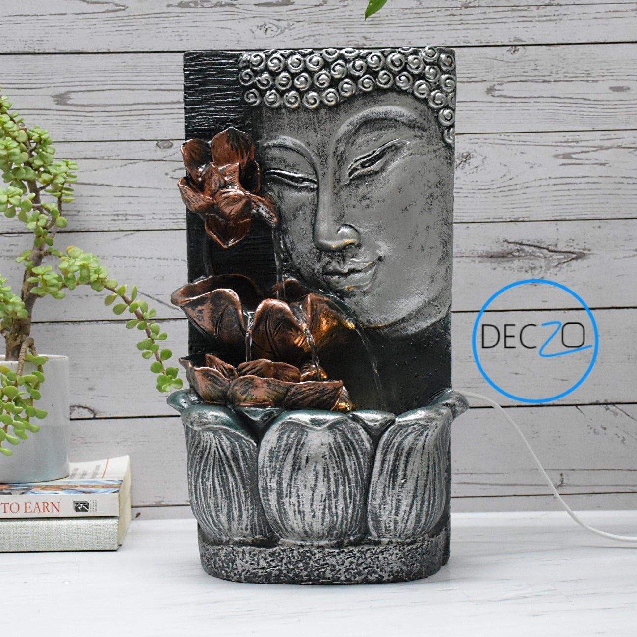 Buddha Face with Lotus Wall and Table Water Fountain : 37 CM, Silver