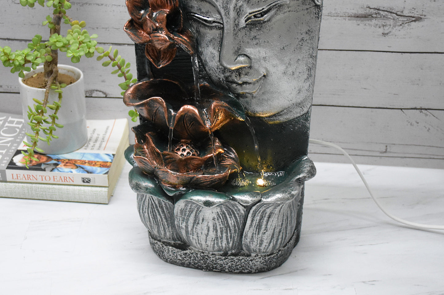 Buddha Face with Lotus Wall and Table Water Fountain : 37 CM, Silver