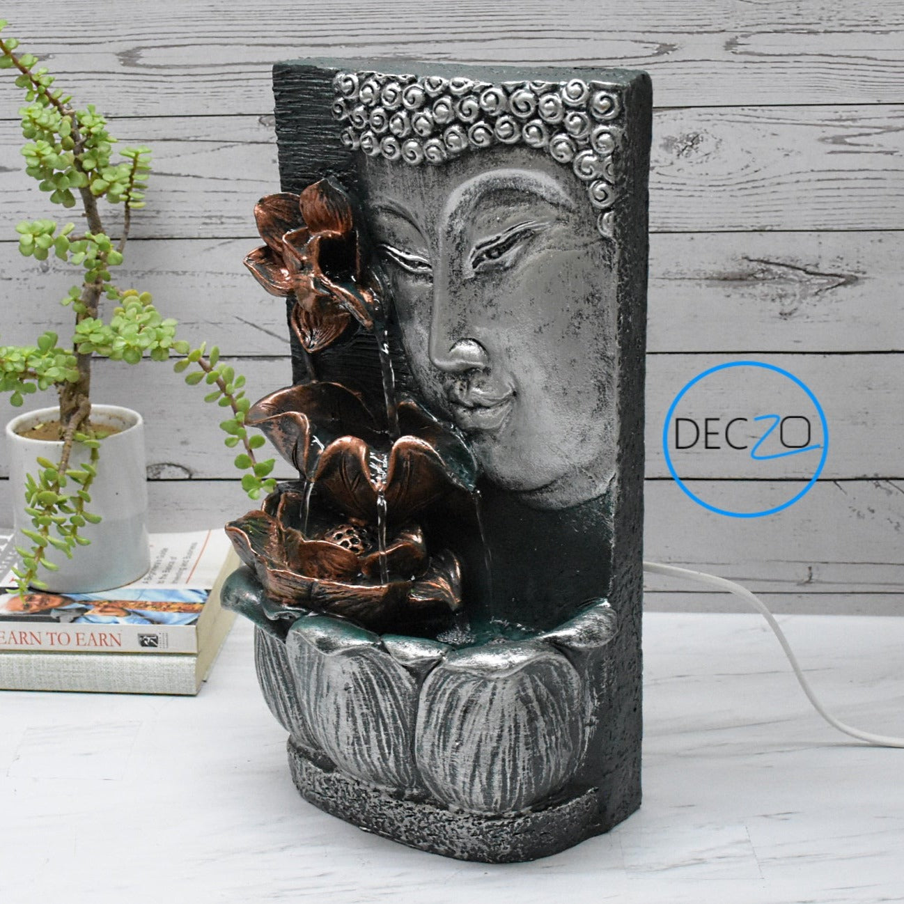 Buddha Face with Lotus Wall and Table Water Fountain : 37 CM, Silver