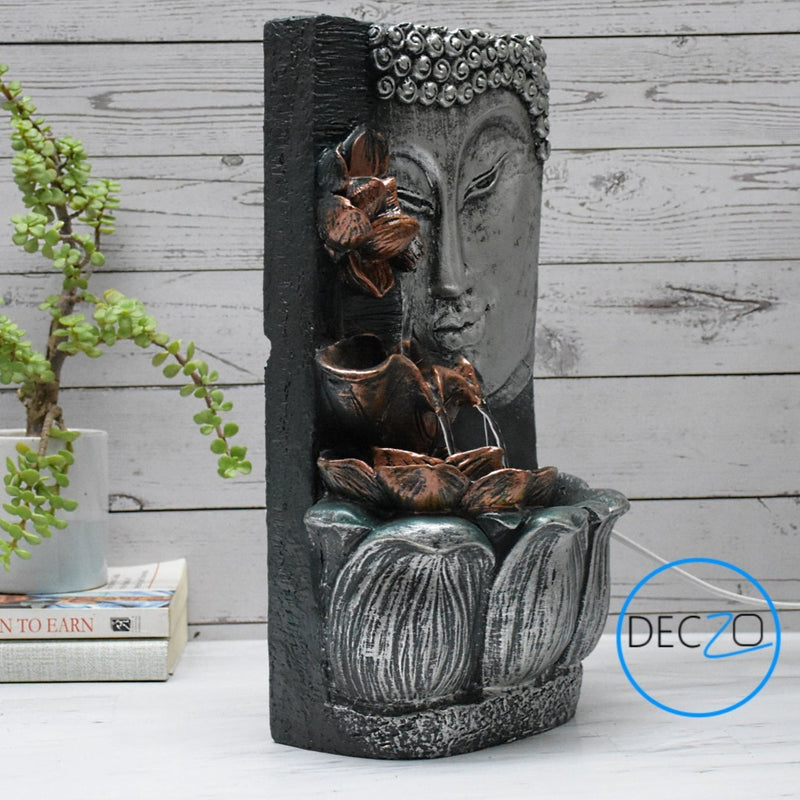 Buddha Face with Lotus Wall and Table Water Fountain : 37 CM, Silver