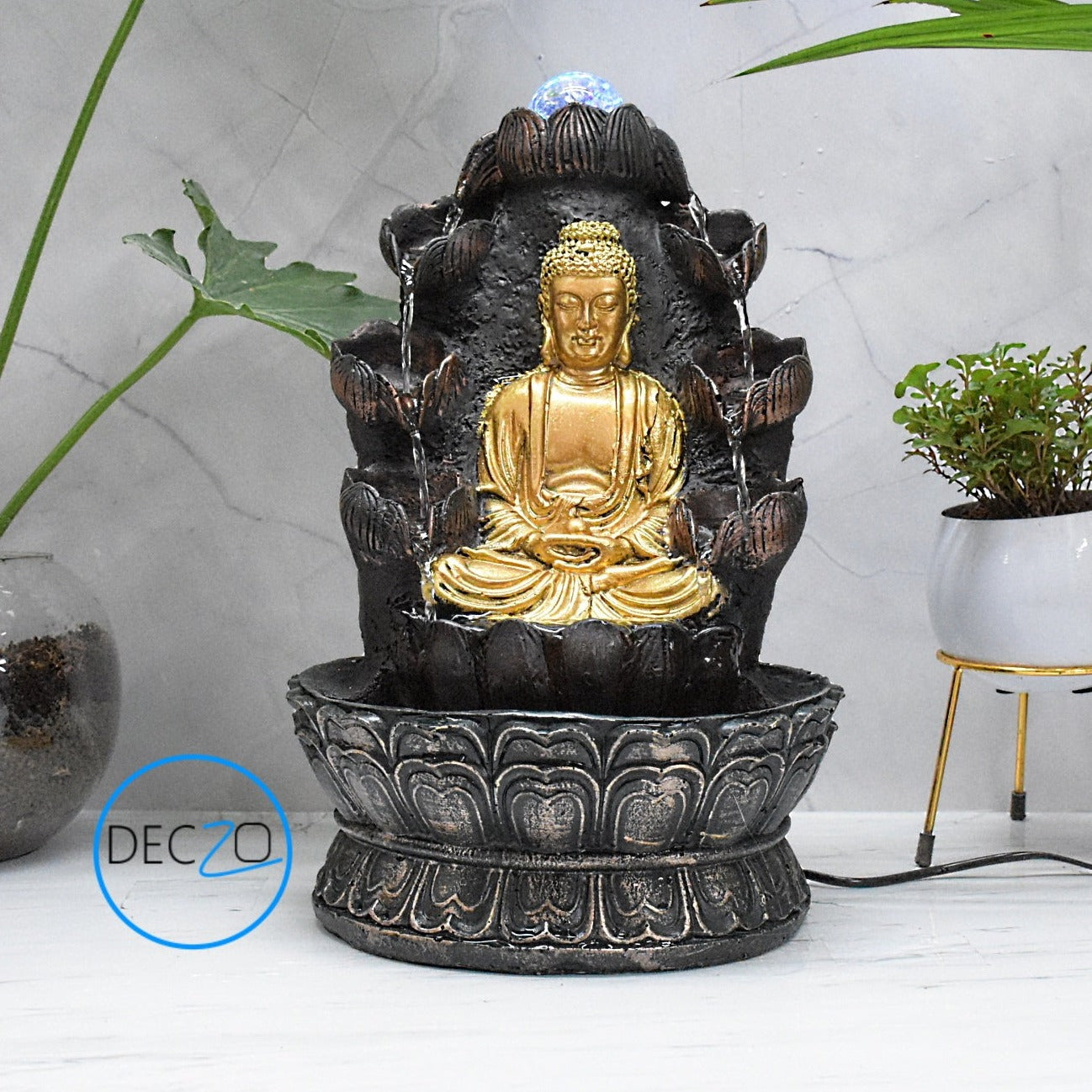 Double Cascade Meditating Buddha Electric Water Fountain  : 37 CM, Copper
