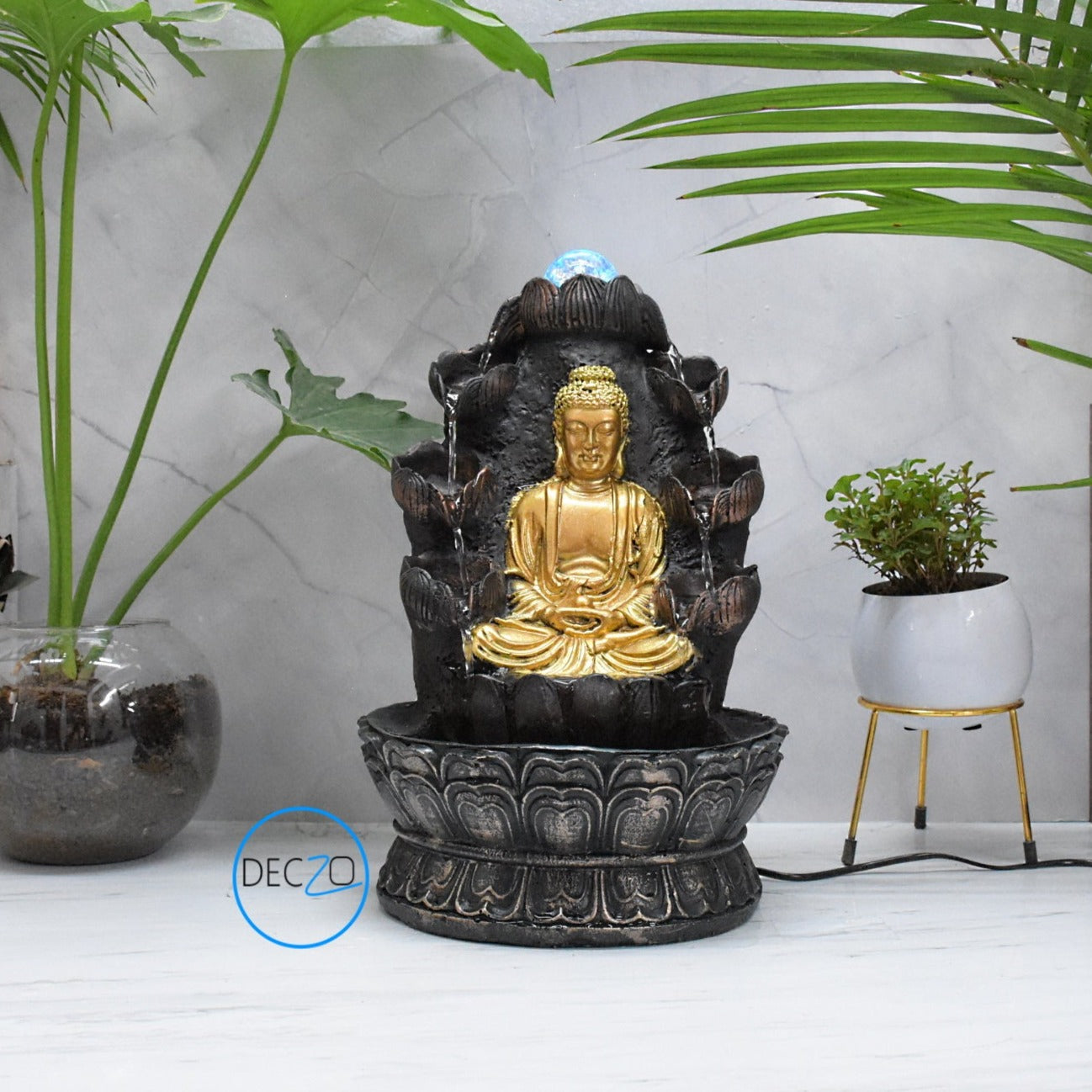 Double Cascade Meditating Buddha Electric Water Fountain  : 37 CM, Copper