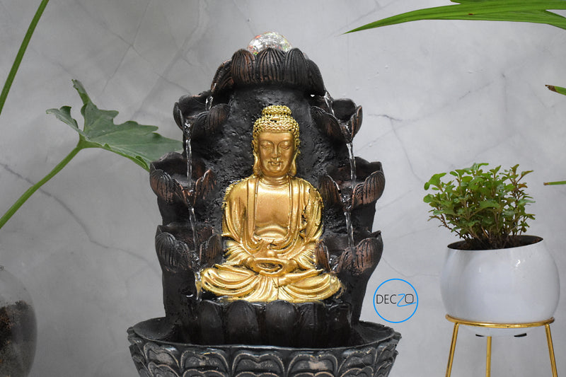 Double Cascade Meditating Buddha Electric Water Fountain  : 37 CM, Copper