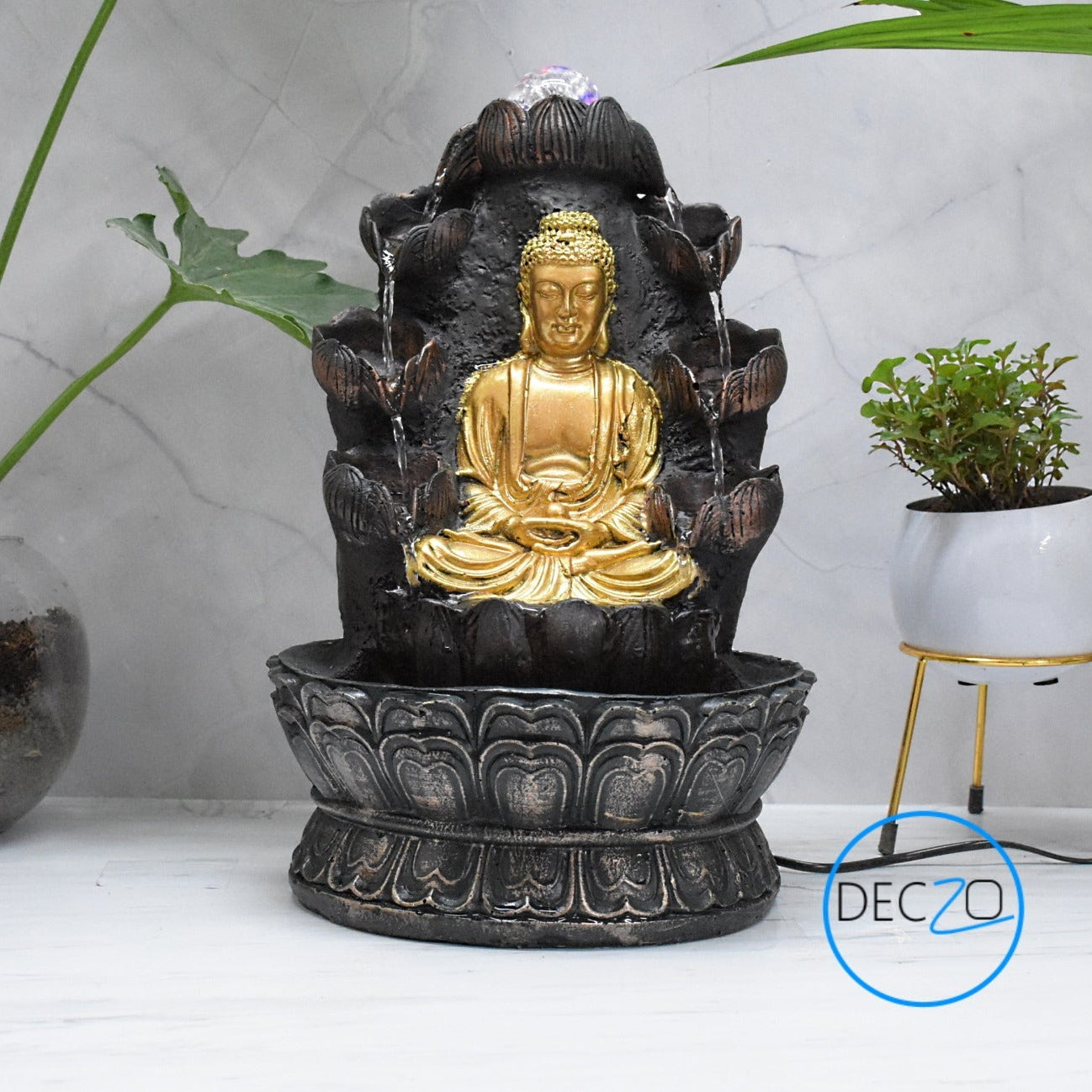 Double Cascade Meditating Buddha Electric Water Fountain  : 37 CM, Copper