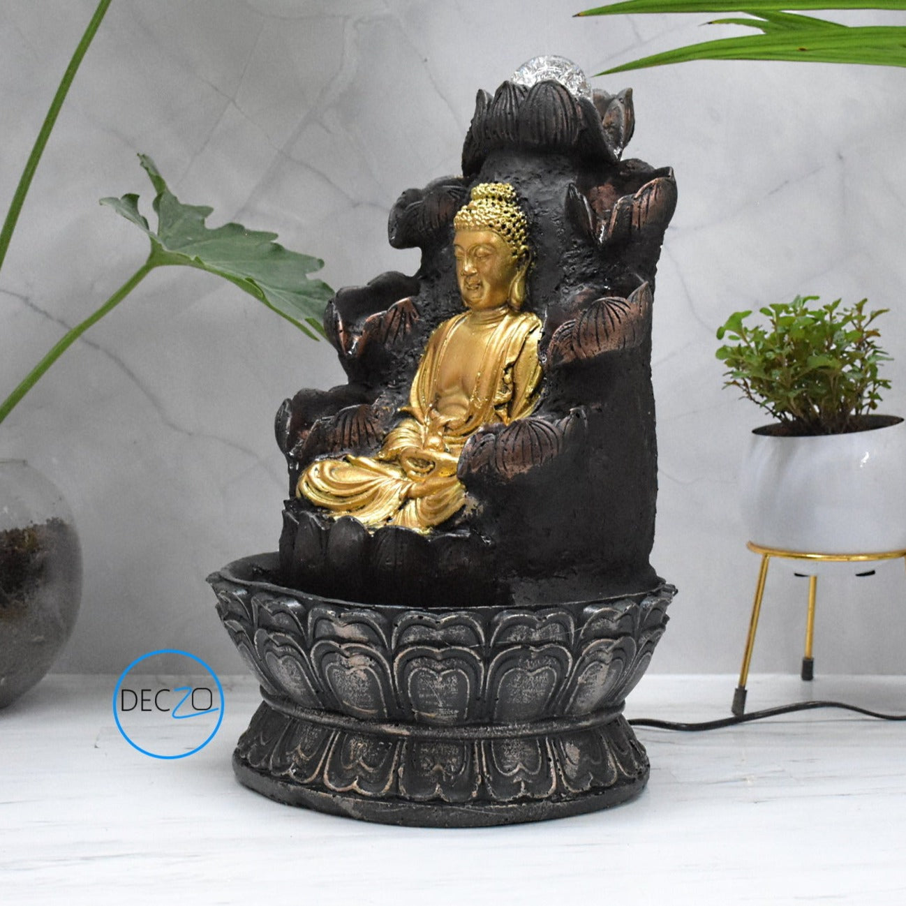 Double Cascade Meditating Buddha Electric Water Fountain  : 37 CM, Copper