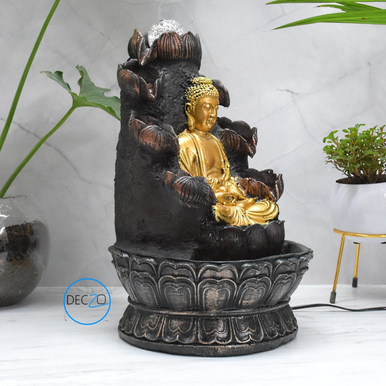 Double Cascade Meditating Buddha Electric Water Fountain  : 37 CM, Copper