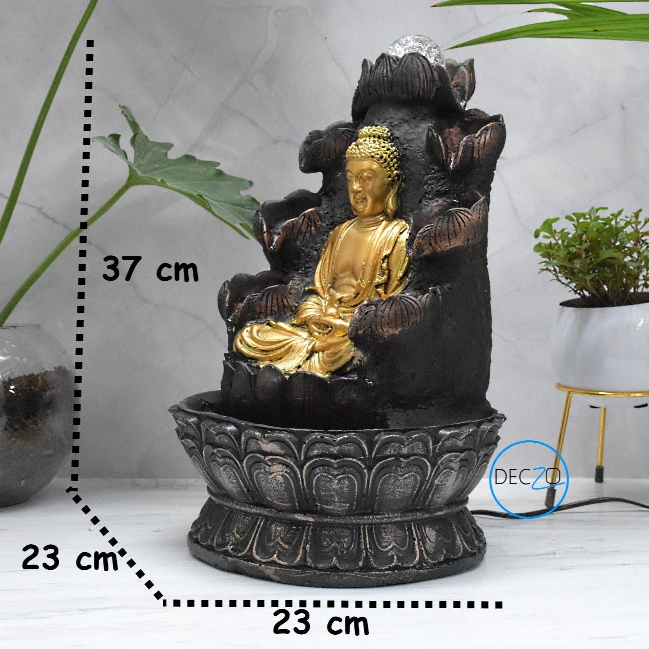 Double Cascade Meditating Buddha Electric Water Fountain  : 37 CM, Copper