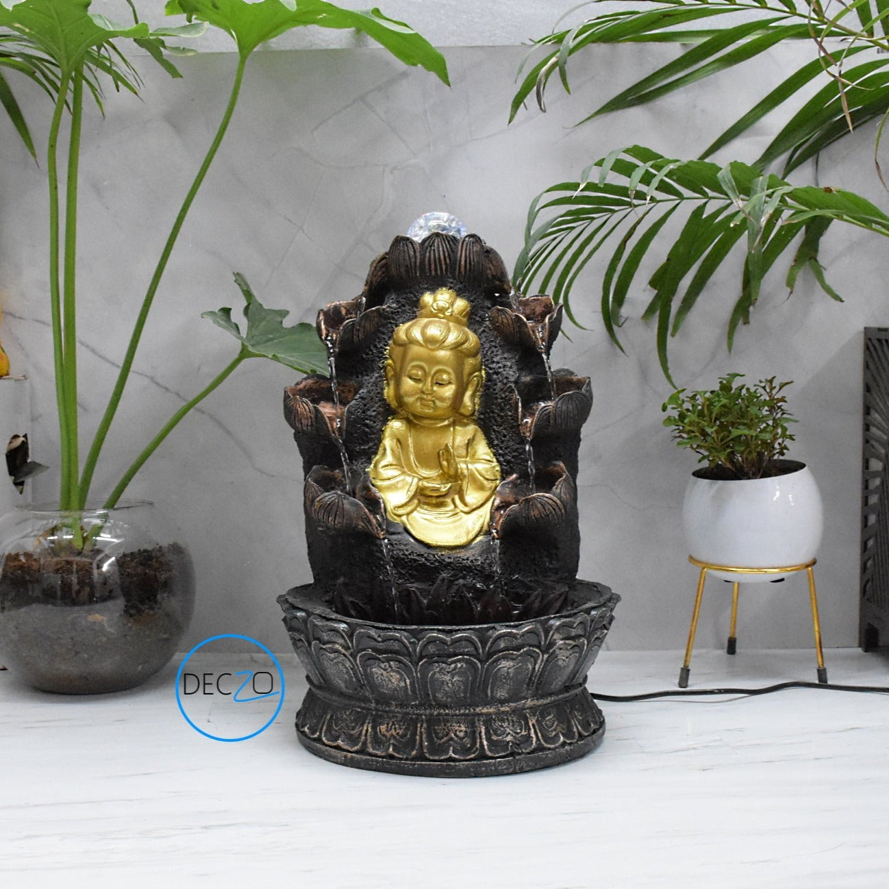 Double Cascade Blessing Child Buddha Water Fountain  : 37 CM, Copper