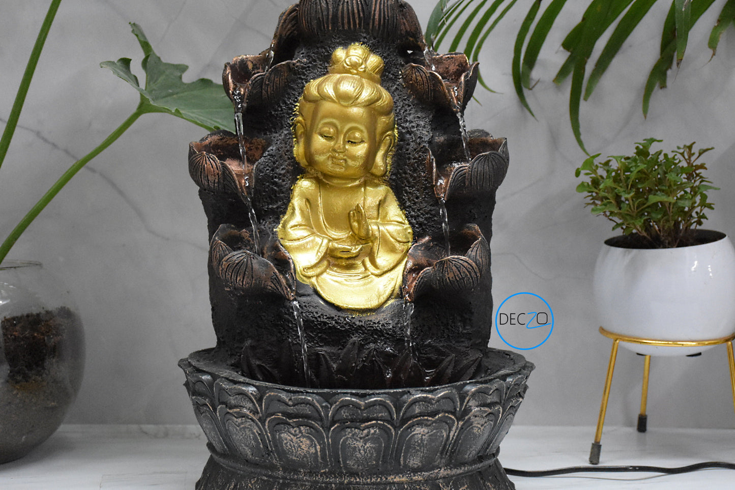 Double Cascade Blessing Child Buddha Water Fountain  : 37 CM, Copper