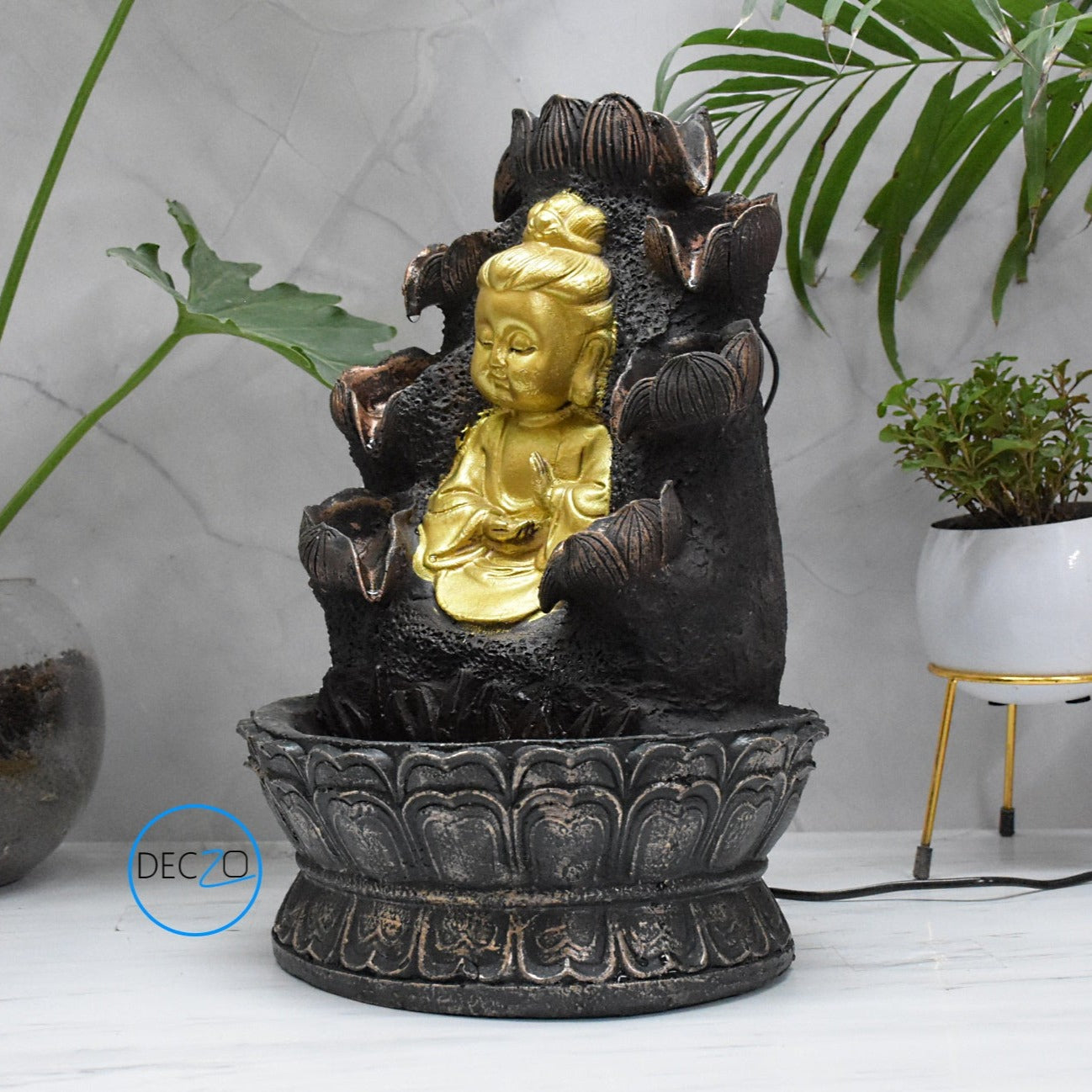Double Cascade Blessing Child Buddha Water Fountain  : 37 CM, Copper