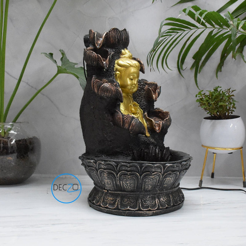 Double Cascade Blessing Child Buddha Water Fountain  : 37 CM, Copper