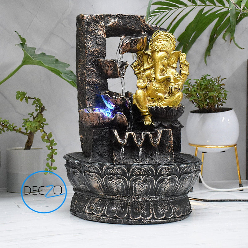 Lord Ganesha Resting Water Fountain  : 37 CM, Copper and Golden