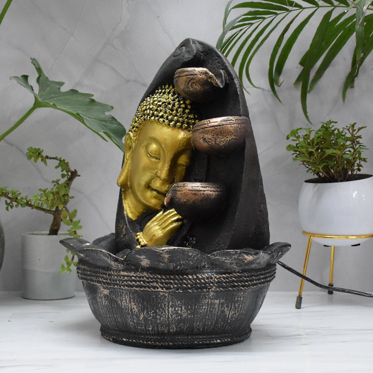 Namaste Face Buddha Water Fountain  : 37 CM, Copper and Golden