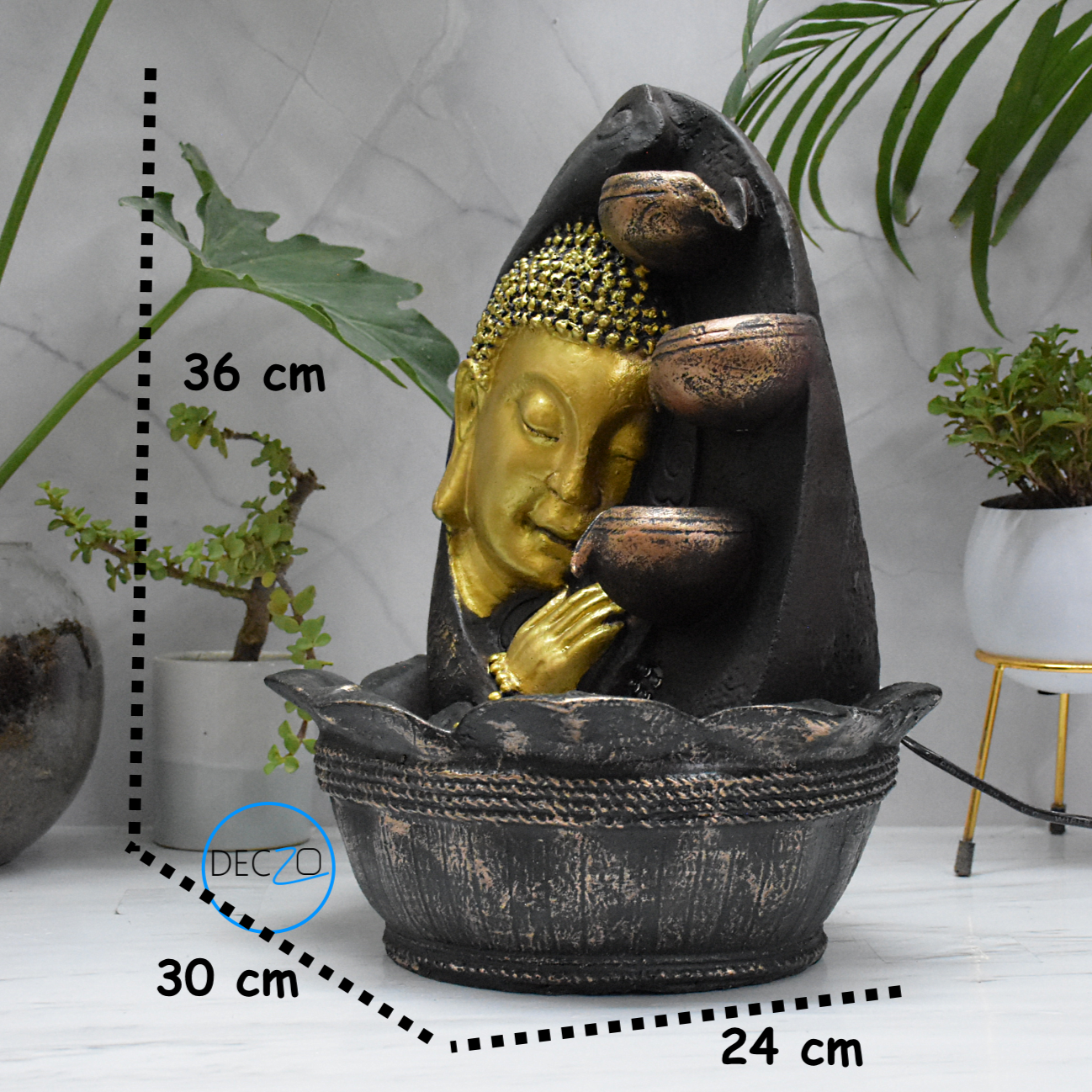 Namaste Face Buddha Water Fountain  : 37 CM, Copper and Golden