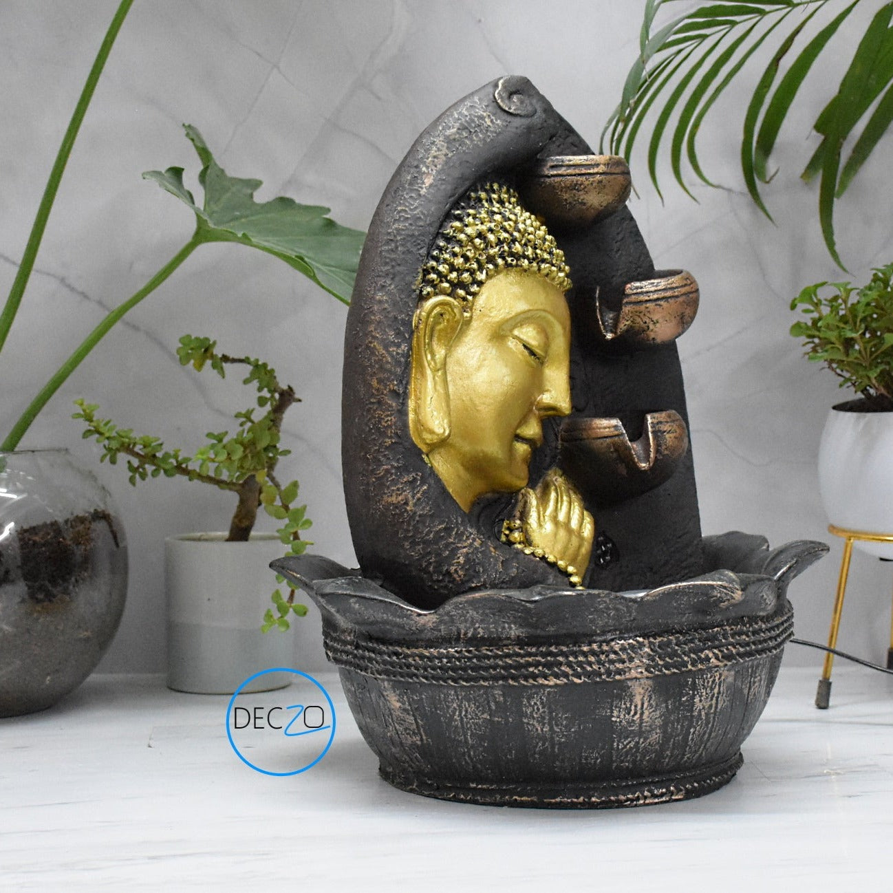 Namaste Face Buddha Water Fountain  : 37 CM, Copper and Golden