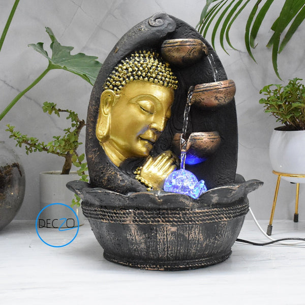 Namaste Face Buddha Water Fountain  : 37 CM, Copper and Golden