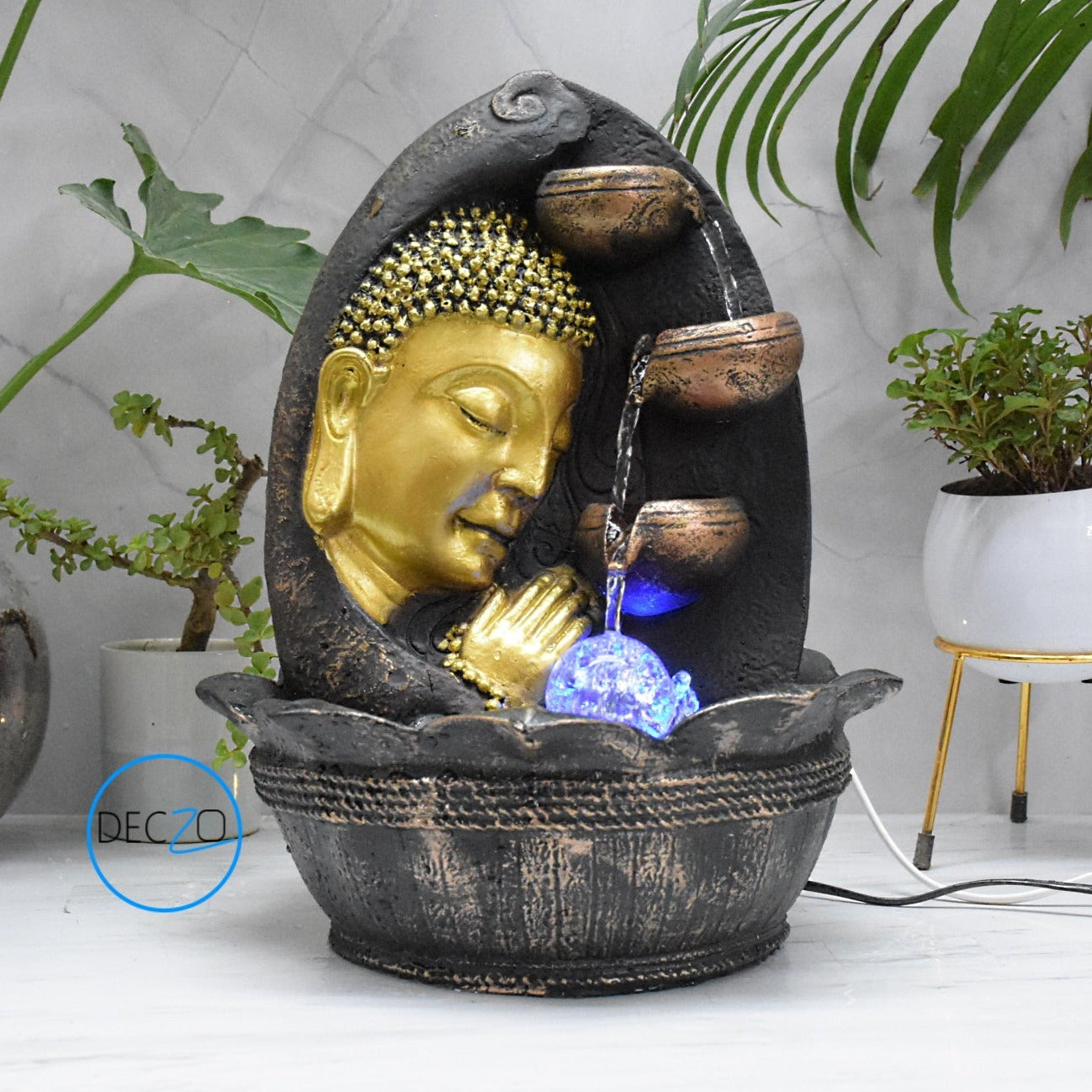 Namaste Face Buddha Water Fountain  : 37 CM, Copper and Golden