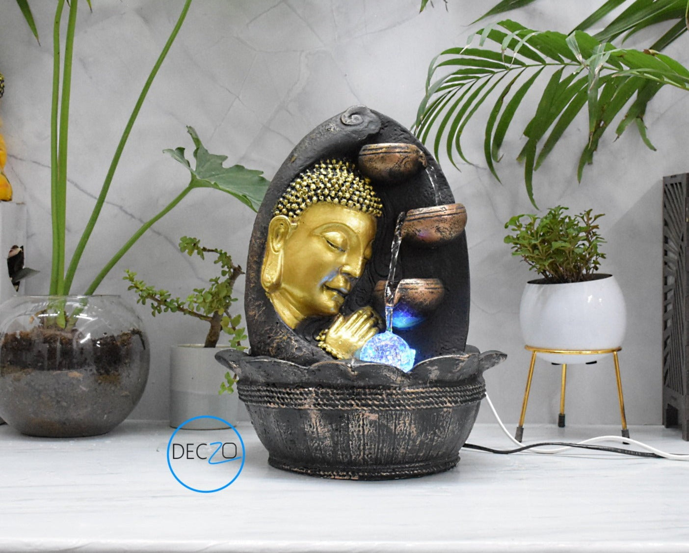 Namaste Face Buddha Water Fountain  : 37 CM, Copper and Golden