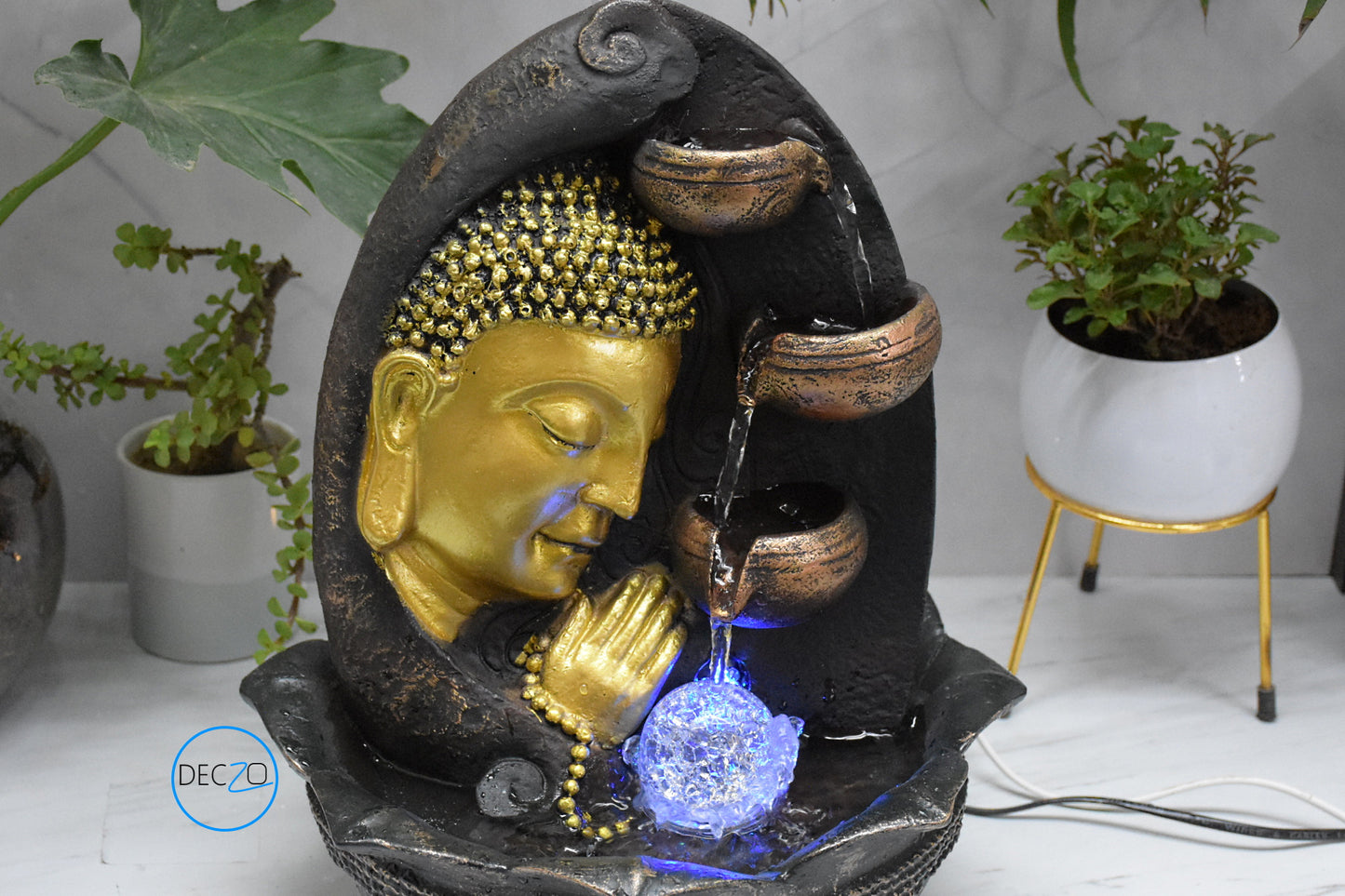 Namaste Face Buddha Water Fountain  : 37 CM, Copper and Golden