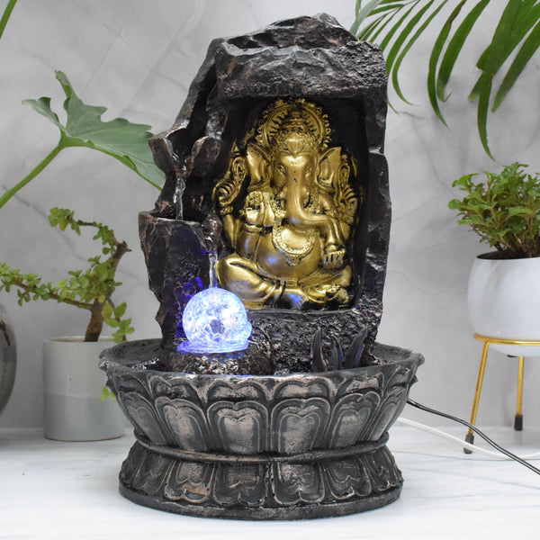 Lord Ganesha Sitting Under Stone Cave Water Fountain  : 39 CM