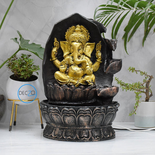 Ganesha Sitting on Lotus Water Fountain  : 37 CM, Copper