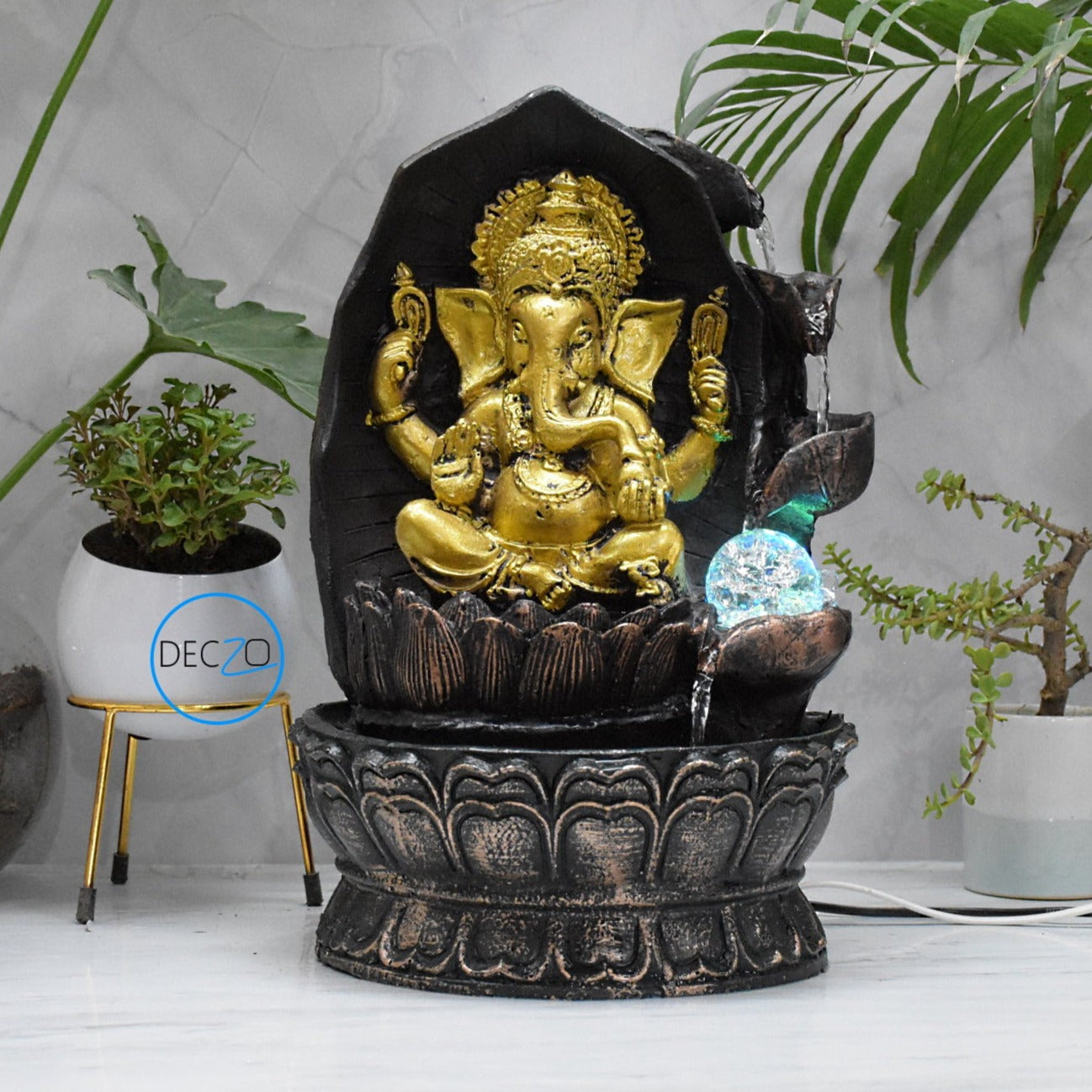 Ganesha Sitting on Lotus Water Fountain  : 37 CM, Copper
