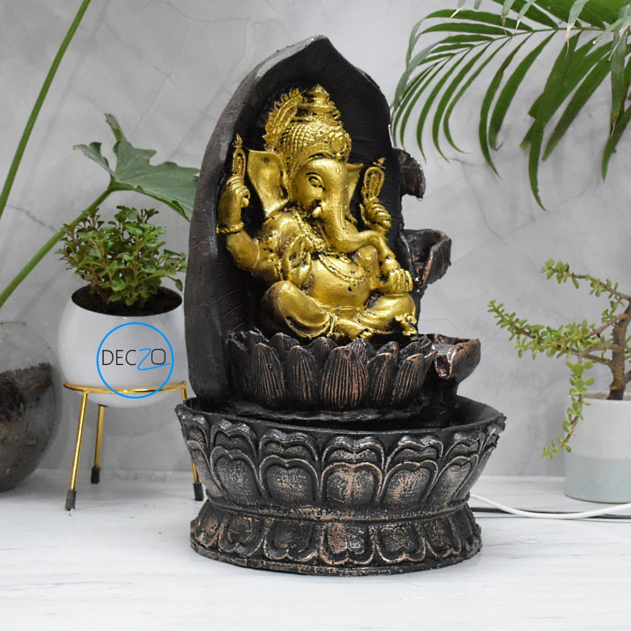 Ganesha Sitting on Lotus Water Fountain  : 37 CM, Copper