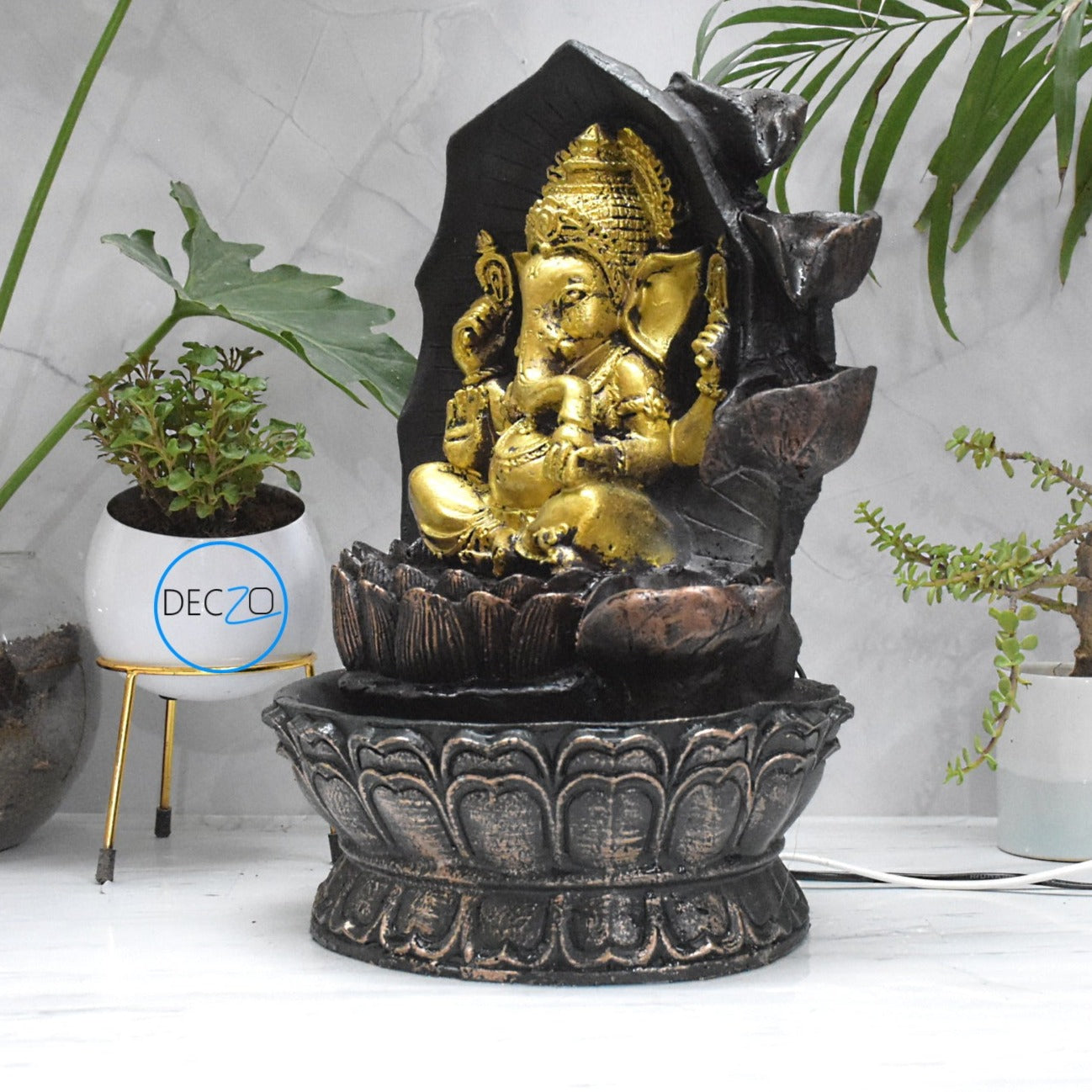 Ganesha Sitting on Lotus Water Fountain  : 37 CM, Copper