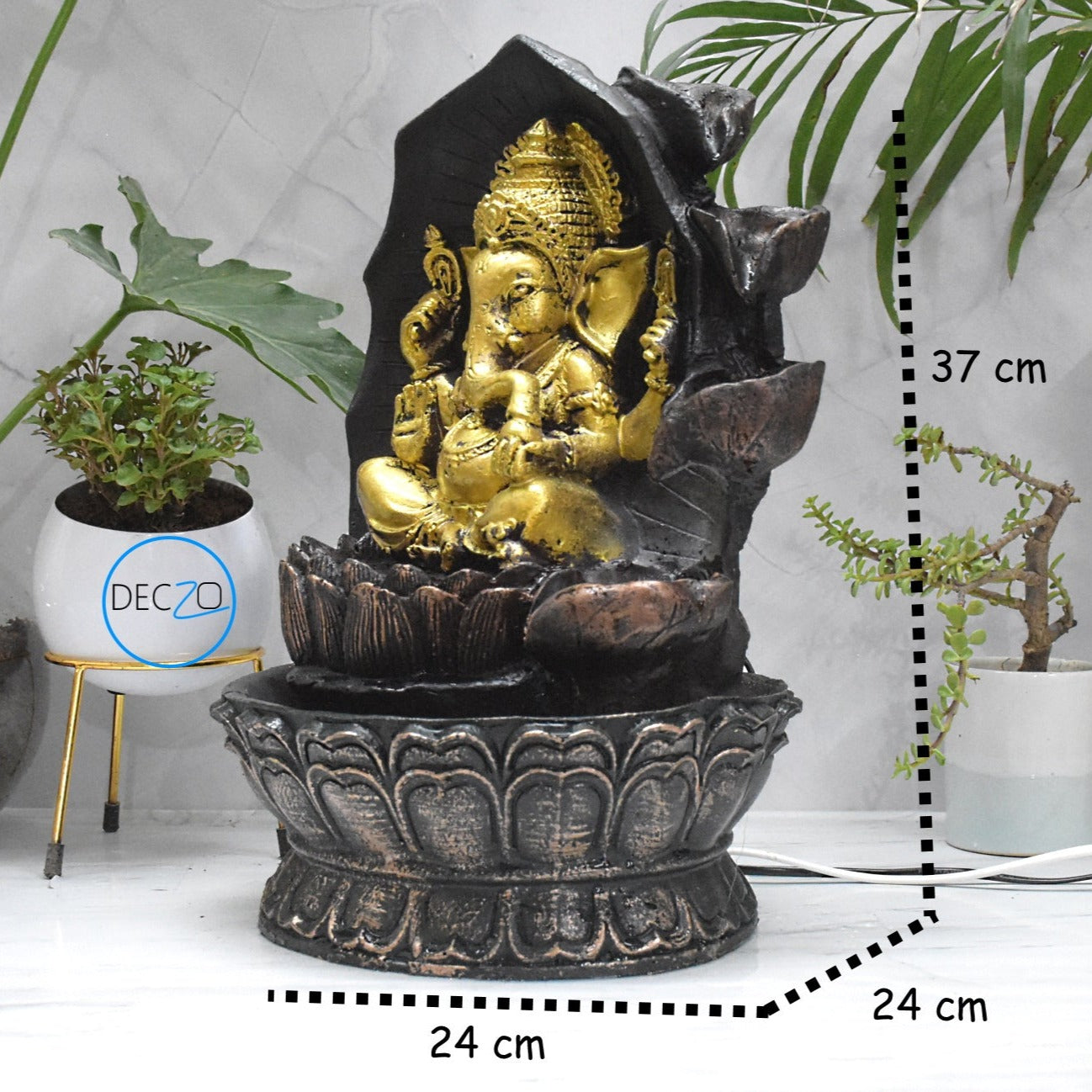 Ganesha Sitting on Lotus Water Fountain  : 37 CM, Copper