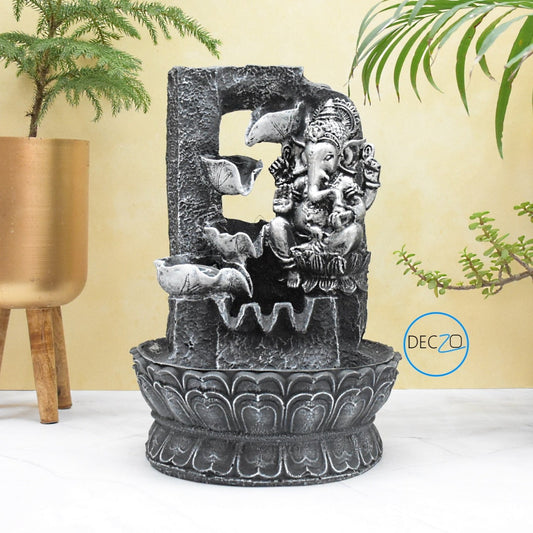 Lord Ganesha Resting Water Fountain  : 37 CM, Black-Silver