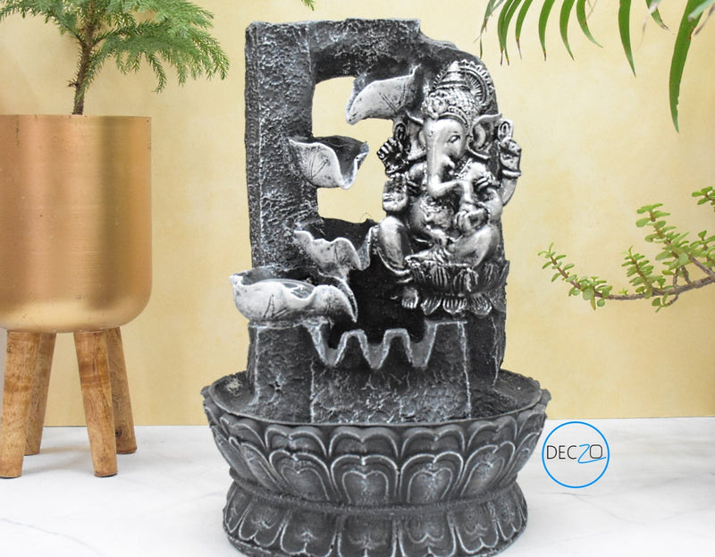 Lord Ganesha Resting Water Fountain  : 37 CM, Black-Silver