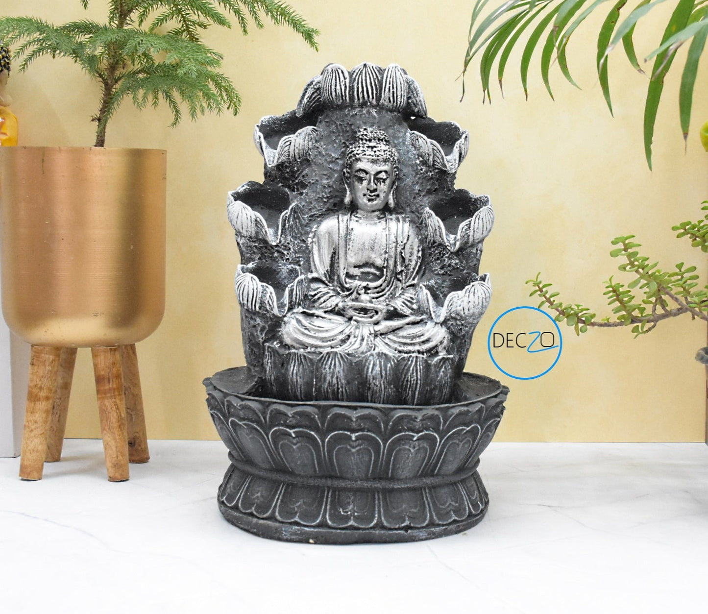 Double Cascade Meditating Buddha Electric Water Fountain  : 37 CM,Black-Silver