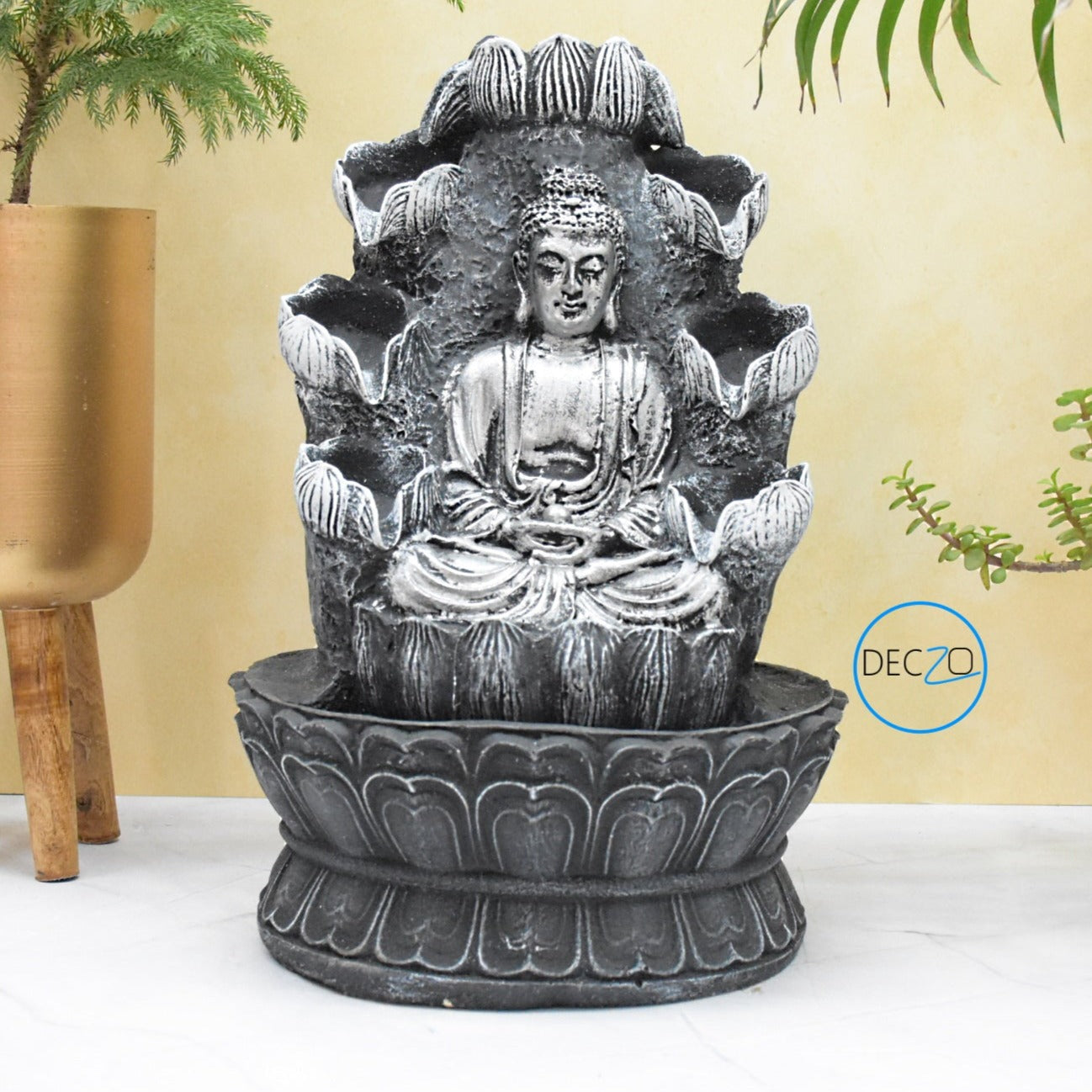 Double Cascade Meditating Buddha Electric Water Fountain  : 37 CM,Black-Silver