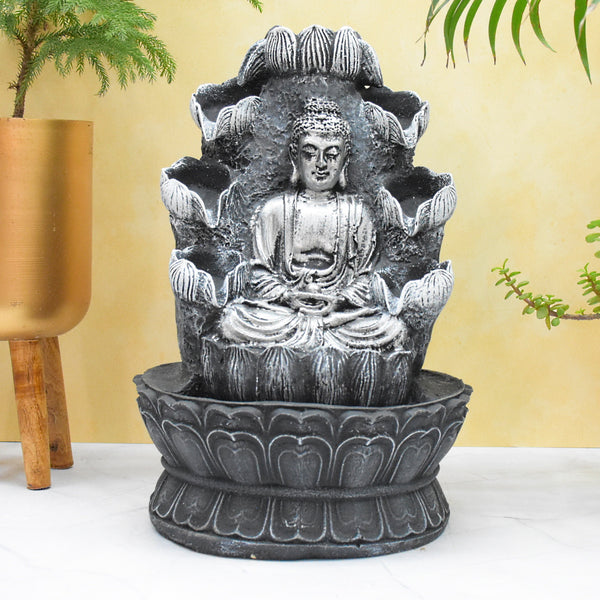 Double Cascade Meditating Buddha Electric Water Fountain  : 37 CM,Black-Silver