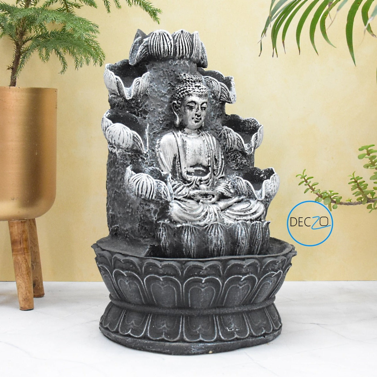 Double Cascade Meditating Buddha Electric Water Fountain  : 37 CM,Black-Silver