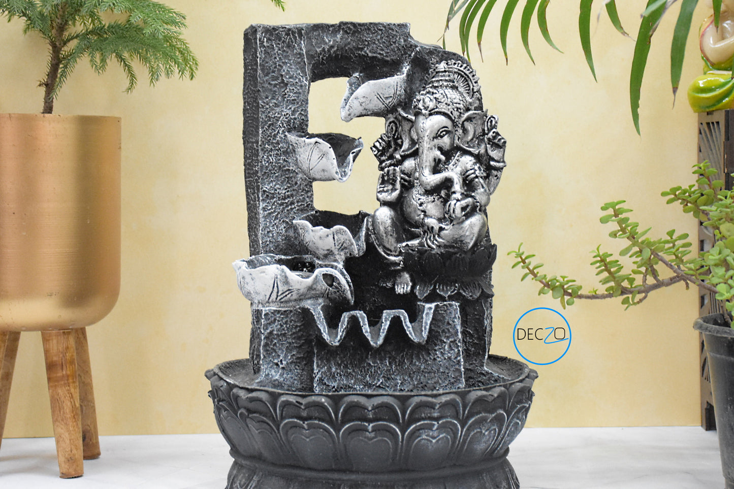 Lord Ganesha Resting Water Fountain  : 37 CM, Black-Silver