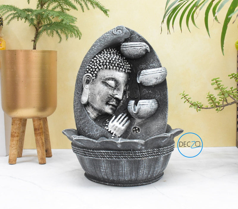 Namaste Face Buddha Water Fountain  : 37 CM, Black-Silver