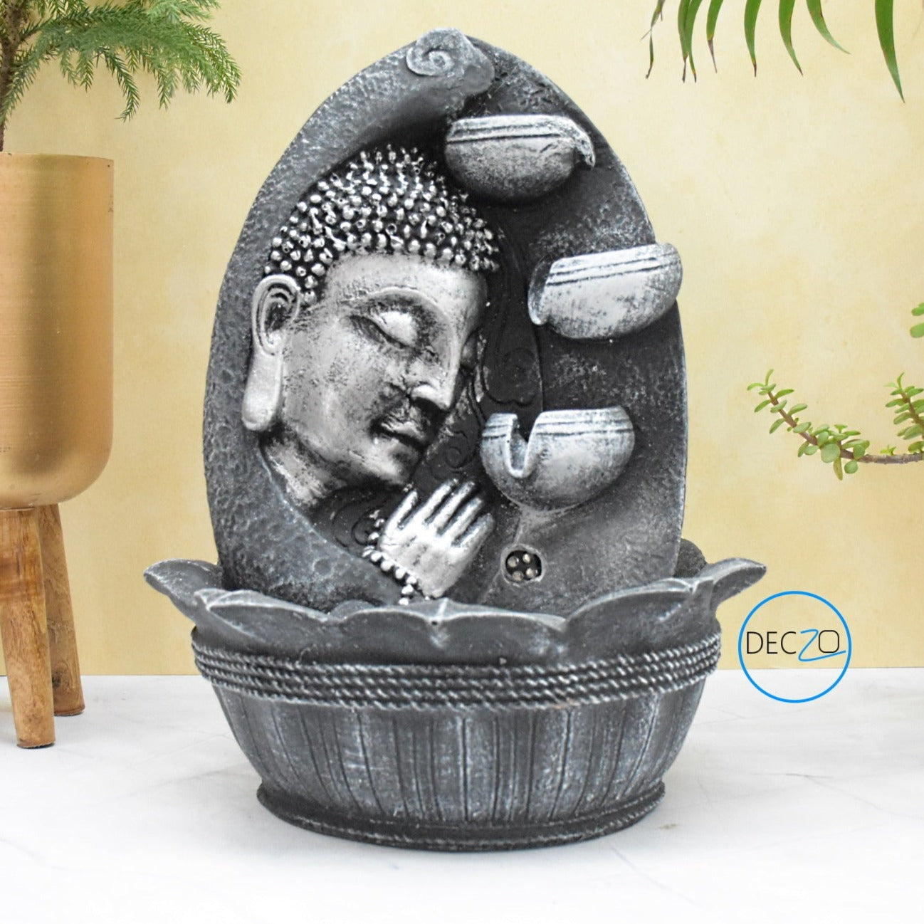Namaste Face Buddha Water Fountain  : 37 CM, Black-Silver