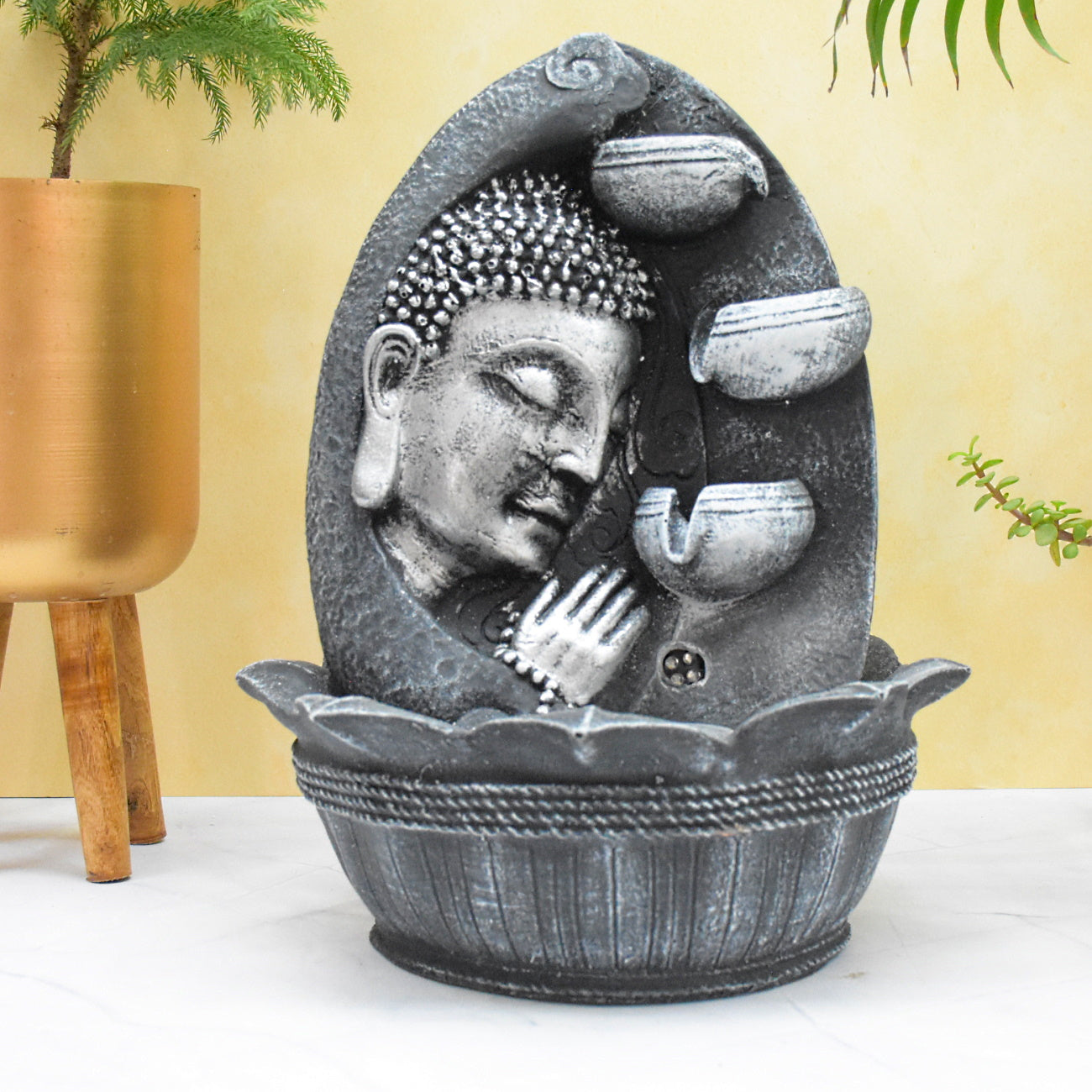 Namaste Face Buddha Water Fountain  : 37 CM, Black-Silver