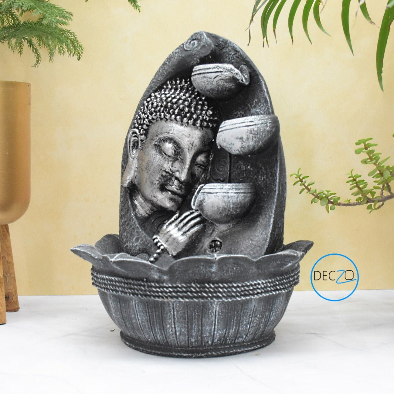 Namaste Face Buddha Water Fountain  : 37 CM, Black-Silver