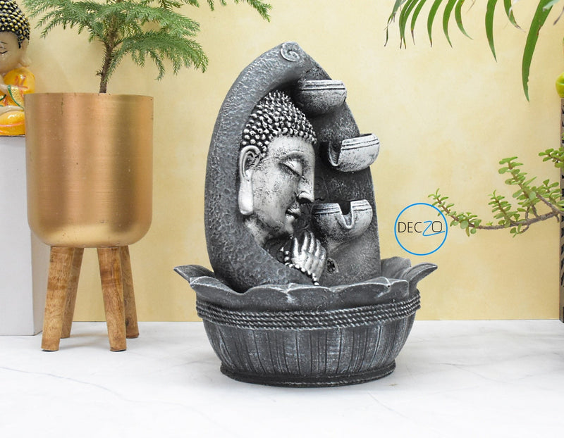 Namaste Face Buddha Water Fountain  : 37 CM, Black-Silver
