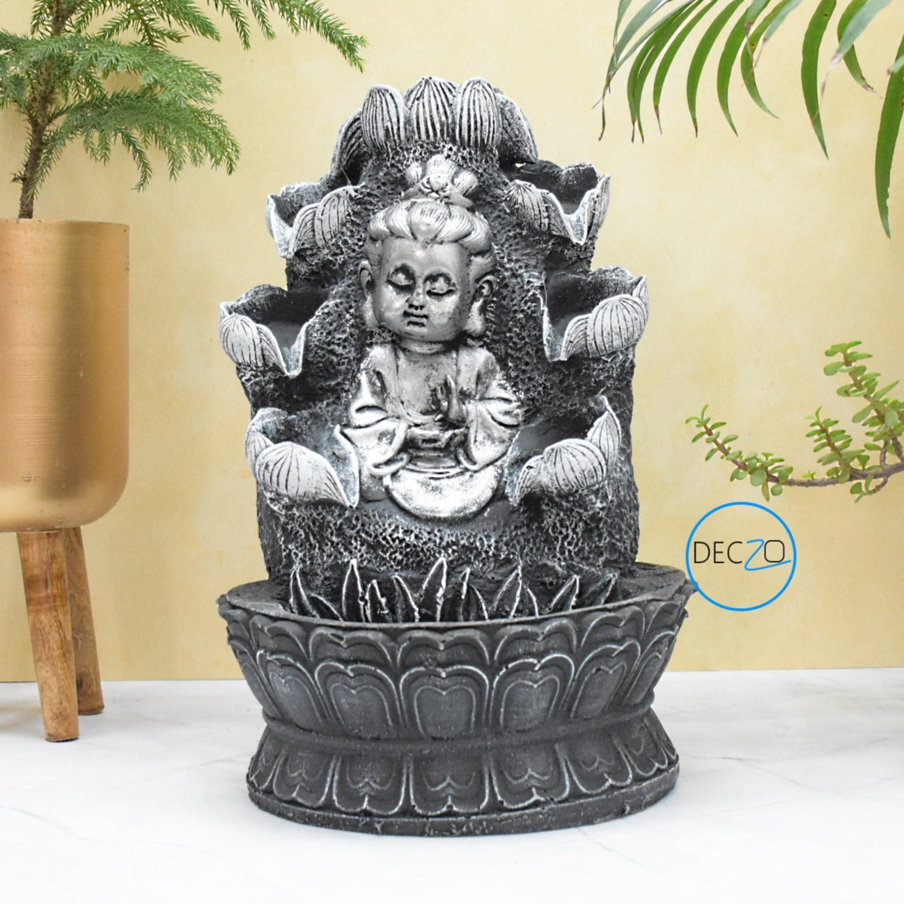 Double Cascade Blessing Child Buddha Water Fountain  : 37 CM, Black-Silver