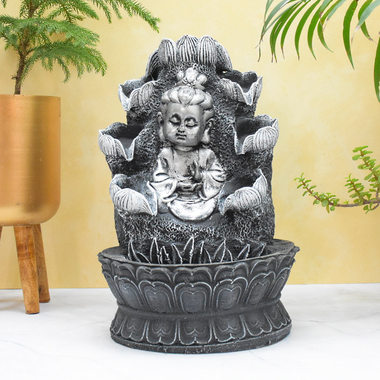 Double Cascade Blessing Child Buddha Water Fountain  : 37 CM, Black-Silver