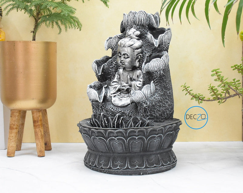 Double Cascade Blessing Child Buddha Water Fountain  : 37 CM, Black-Silver