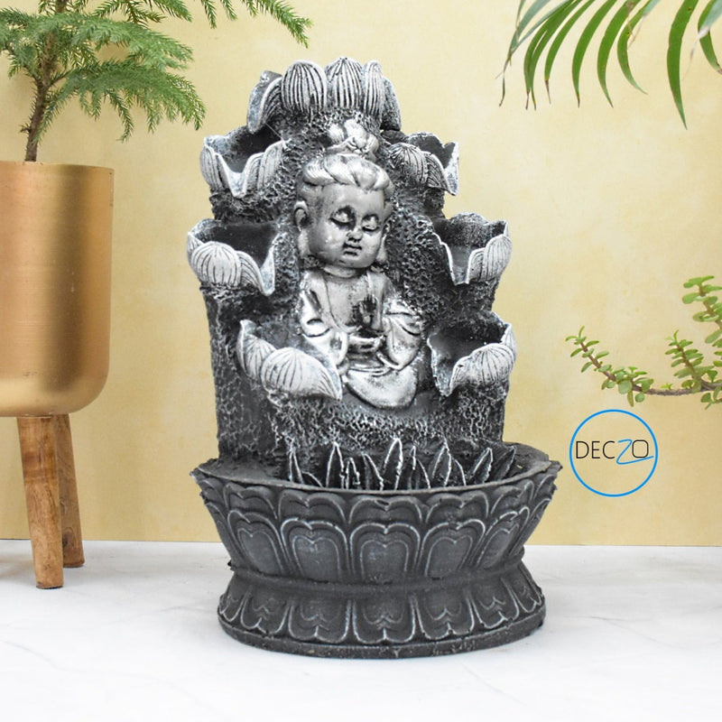 Double Cascade Blessing Child Buddha Water Fountain  : 37 CM, Black-Silver