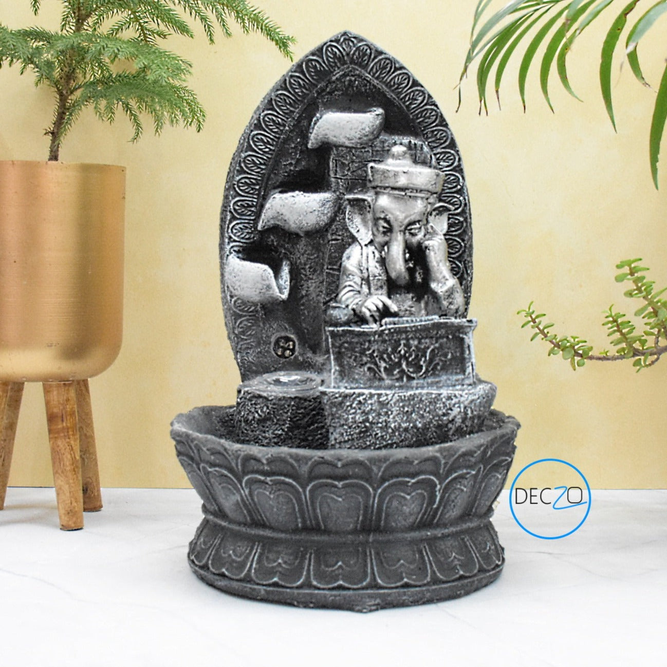 Ganesha Playing Harmonium Water Fountain  : 40 CM, Black-Silver