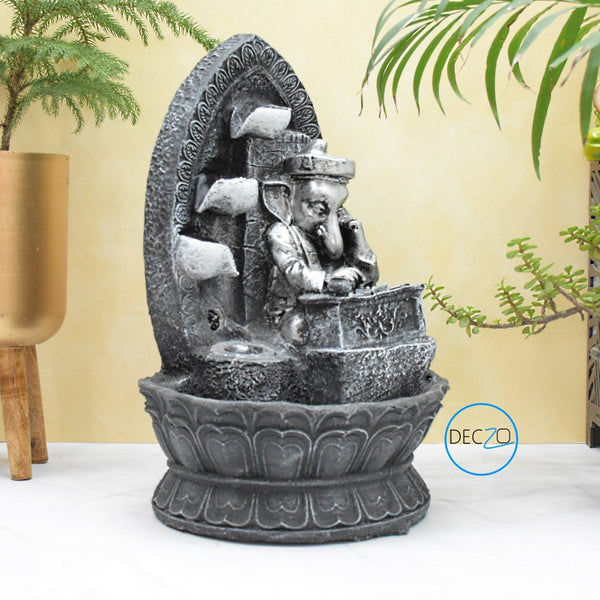 Ganesha Playing Harmonium Water Fountain  : 40 CM, Black-Silver