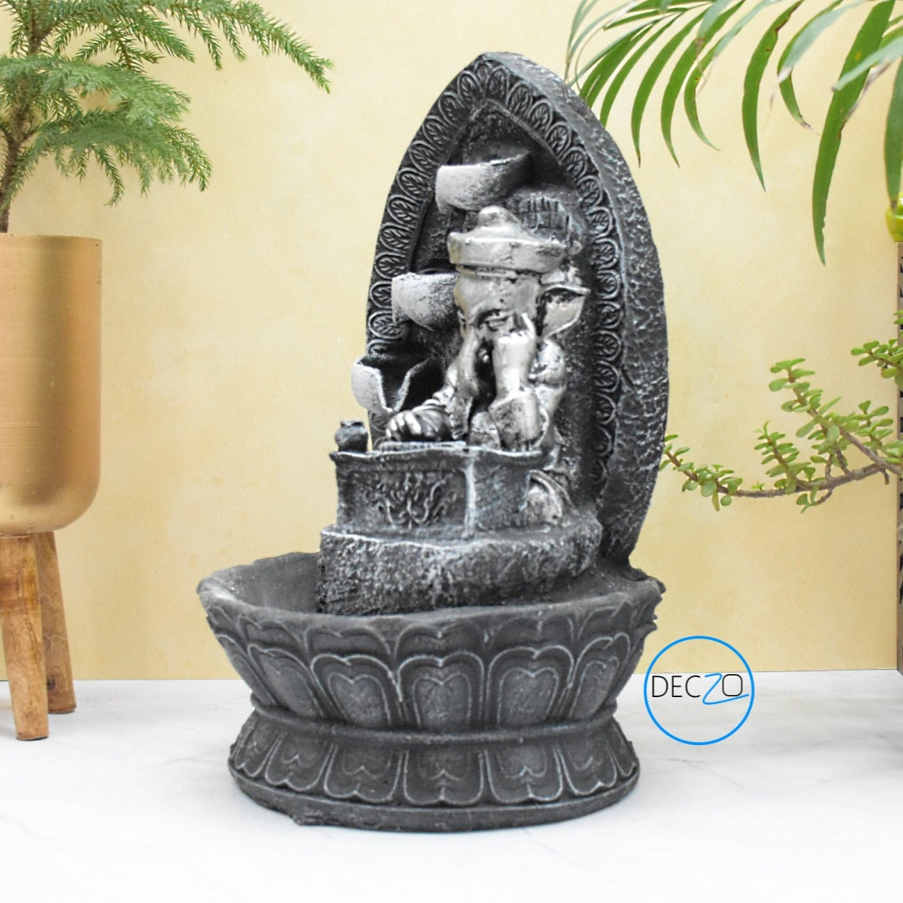 Ganesha Playing Harmonium Water Fountain  : 40 CM, Black-Silver